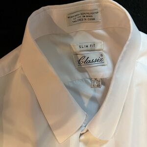 Men’s white button dress shirt.